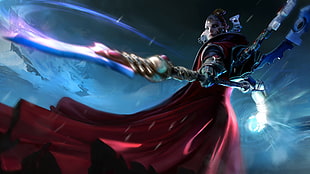armored character with fantasy sword in red costume illustration HD wallpaper