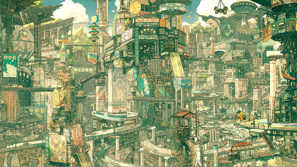 brown and green city building painting, anime, Imperial Boy, fantasy city, cityscape HD wallpaper