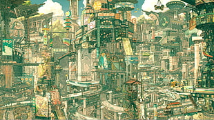 brown and green city building painting, anime, Imperial Boy, fantasy city, cityscape
