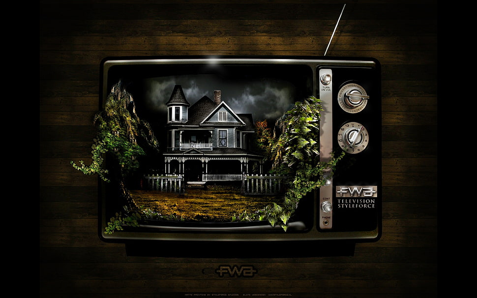vintage television with two-story house illustration HD wallpaper