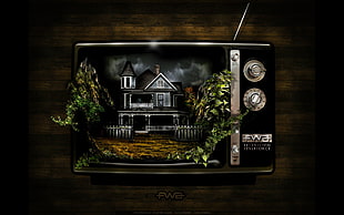 vintage television with two-story house illustration HD wallpaper