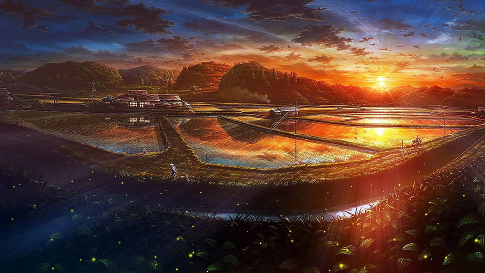 body of water, anime, sunset HD wallpaper