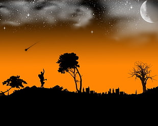silhouette of two person near trees illustration, space art, sky