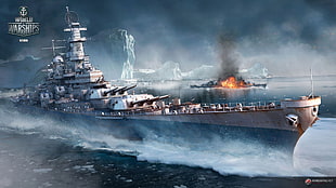 white and gray warship on sea illustration HD wallpaper
