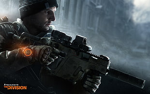 man holding assault rifle digital wallpaper