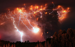 painting of lightning strikes, volcano, eruption, nature, Chile