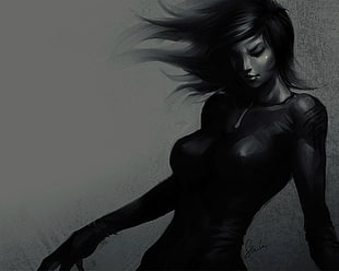grayscale illustration of female anime character