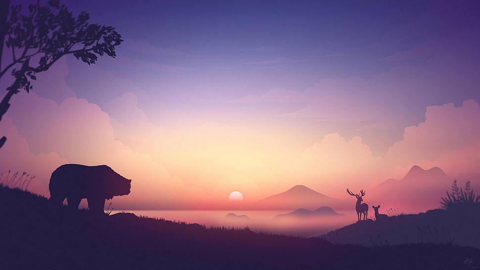 white and black bed mattress, bears, sunset, mountains, clouds HD wallpaper