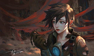 brown-haired animated character digital wallpaper, Overwatch, video games, Tracer (Overwatch), artwork