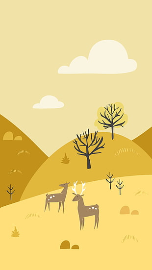 two deers on forest artwork, material minimal HD wallpaper