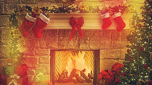 gray concrete fireplae, lights, fireplace, holiday HD wallpaper