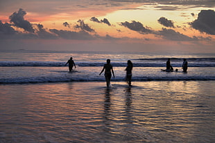 people submerged in sea water during sunset