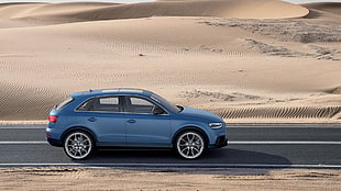 blue SUV, Audi Q3, blue cars, desert, road HD wallpaper