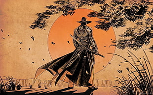 man wearing hat holding sword painting