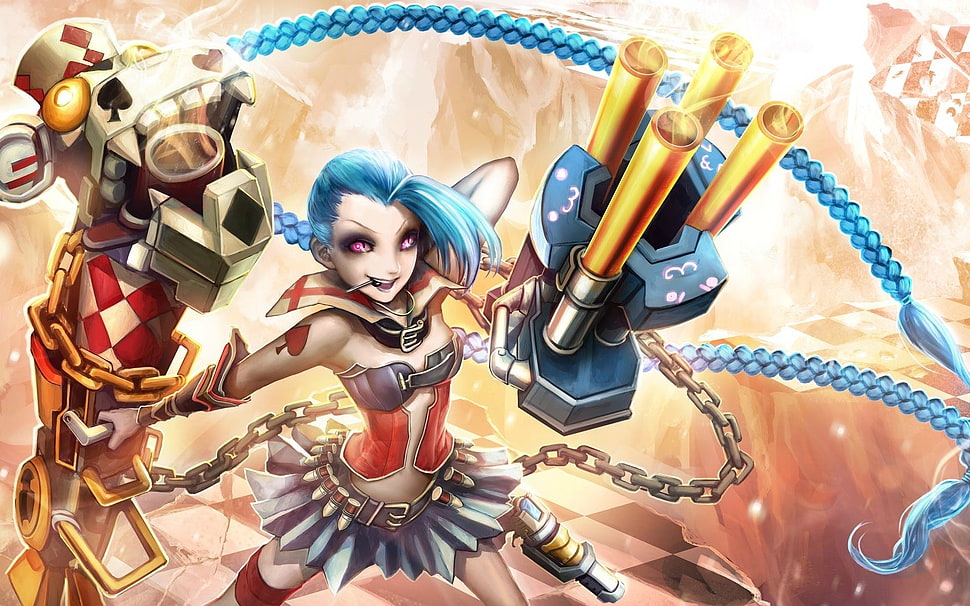 blue haired anime character illustration, Jinx (League of Legends), blue hair, weapon, fan art HD wallpaper