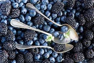 Blueberries and Raspberries with three spoons displayed