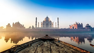 Taj Mahal, India, Taj Mahal, boat, water, sunlight