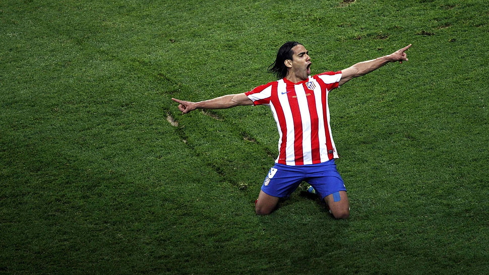 red and white soccer jersey, Falcao, Atletico Madrid, men HD wallpaper