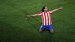 red and white soccer jersey, Falcao, Atletico Madrid, men
