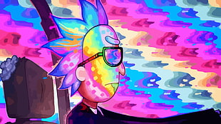 pink, blue, and yellow abstract painting, Rick and Morty, vector graphics, car, rainbows