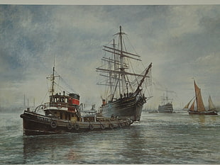 sailing ships on body of water painting, sailing ship, artwork, ship, vehicle HD wallpaper