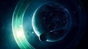 two ringed planet near small earth digital wallpaper, space, planet