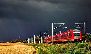 red train near wheat field with nimbustratos cloud photo HD wallpaper