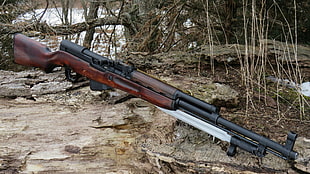 brown and black rifle, gun, SKS, bayonet
