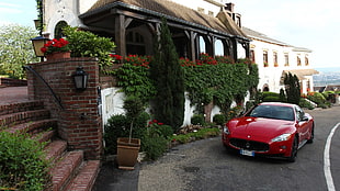 red coupe, car, Maserati, red cars, ivy