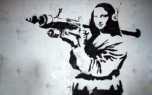 Mona Lisa holding bazooka sketch, graffiti, Mona Lisa, Banksy, artwork