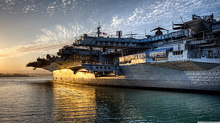 gray battleship, sunset, military base, military aircraft, aircraft carrier