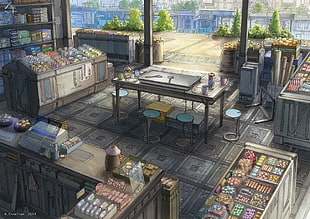 rectangular gray table painting, anime, stores