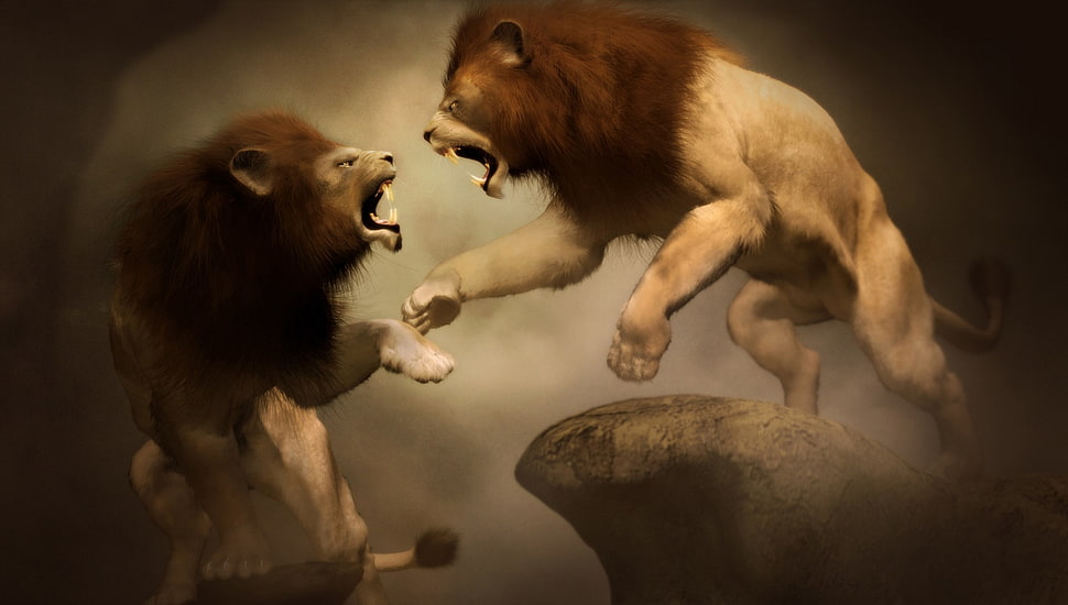 two lion painting, artwork, lion, animals HD wallpaper