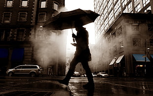black umbrella, umbrella, silhouette, city, car HD wallpaper