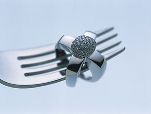 silver-colored ring on fork