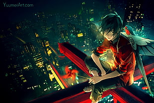 men's red dress shirt anime photo, anime, anime boys, city, artwork