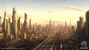 modern buildings illustration, city, futuristic, science fiction