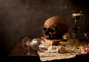 brown skull lying on brown book HD wallpaper