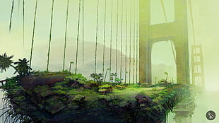 Golden State bridge with green grass illustration, Golden Gate Bridge, artwork, apocalyptic, futuristic