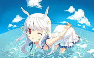 female anime character with white hair on body of water digital wallpaper