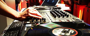 black DJ turntable, music, mixing consoles