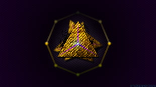 octagonal yellow logo, triangle, gold, violet, abstract HD wallpaper