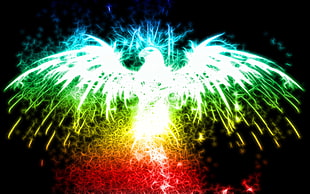 green, yellow, and red eagle fireworks, colorful, eagle, Fractalius, digital art