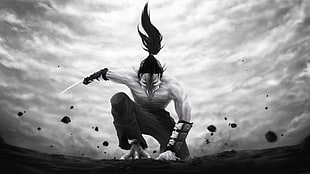 man with blade weapon digital painting, ninjas, white, rock, mask HD wallpaper