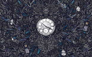 scrolled gray, black, and white floral framed roman analog clock at 3:52