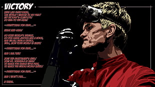 male person illustration with text overlay, Dr. Horrible's Sing Along Blog, red lab suit, Neil Patrick Harris