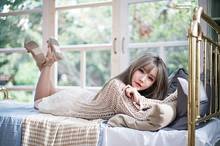 silver bed headboard, Han Ga Eun, Asian, model, long hair