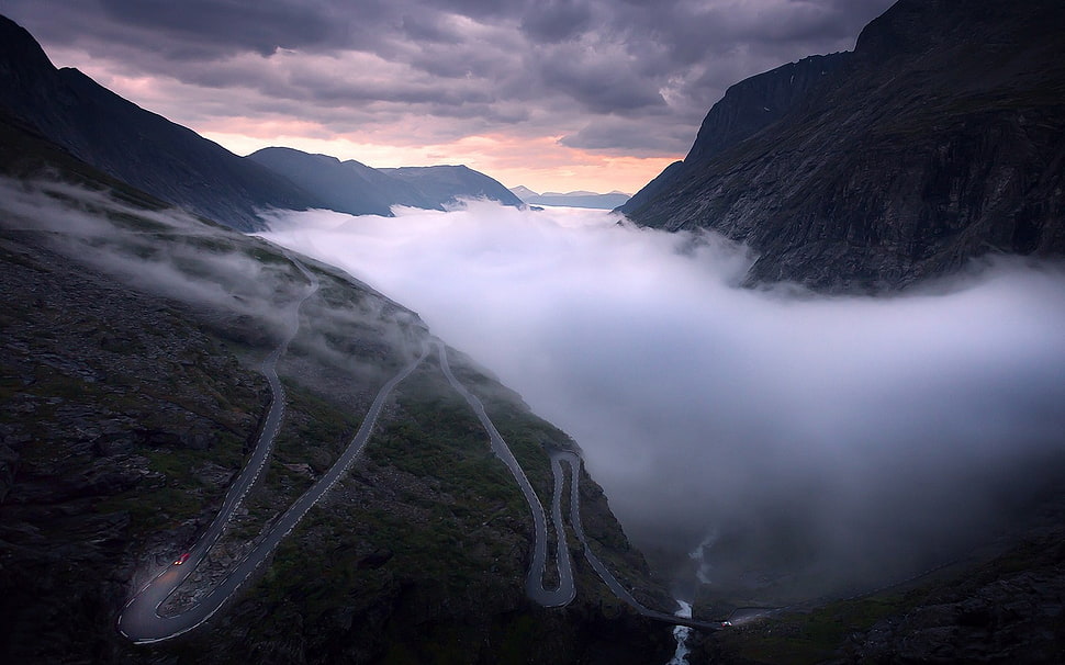 black mountain, nature, landscape, road, mist HD wallpaper