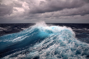 strong wave of water graphic wallpaper, sea, clouds, waves