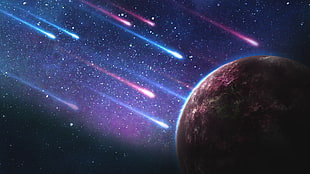 Meteor Shower near brown planet digital wallpaper HD wallpaper